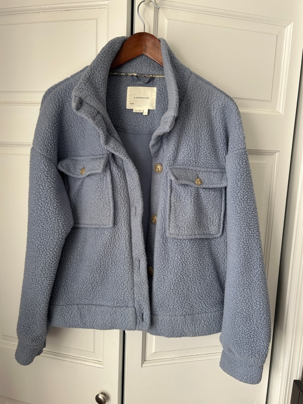 Anthropologie Plush Sherpa Button-Up Jacket in Light Blue